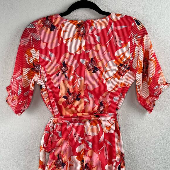 Tahari ASL Ruffle Hem Tie Waist V-Neck Short Sleeve Pink Floral Mini Dress 2 NWT - Picture 11 of 16
